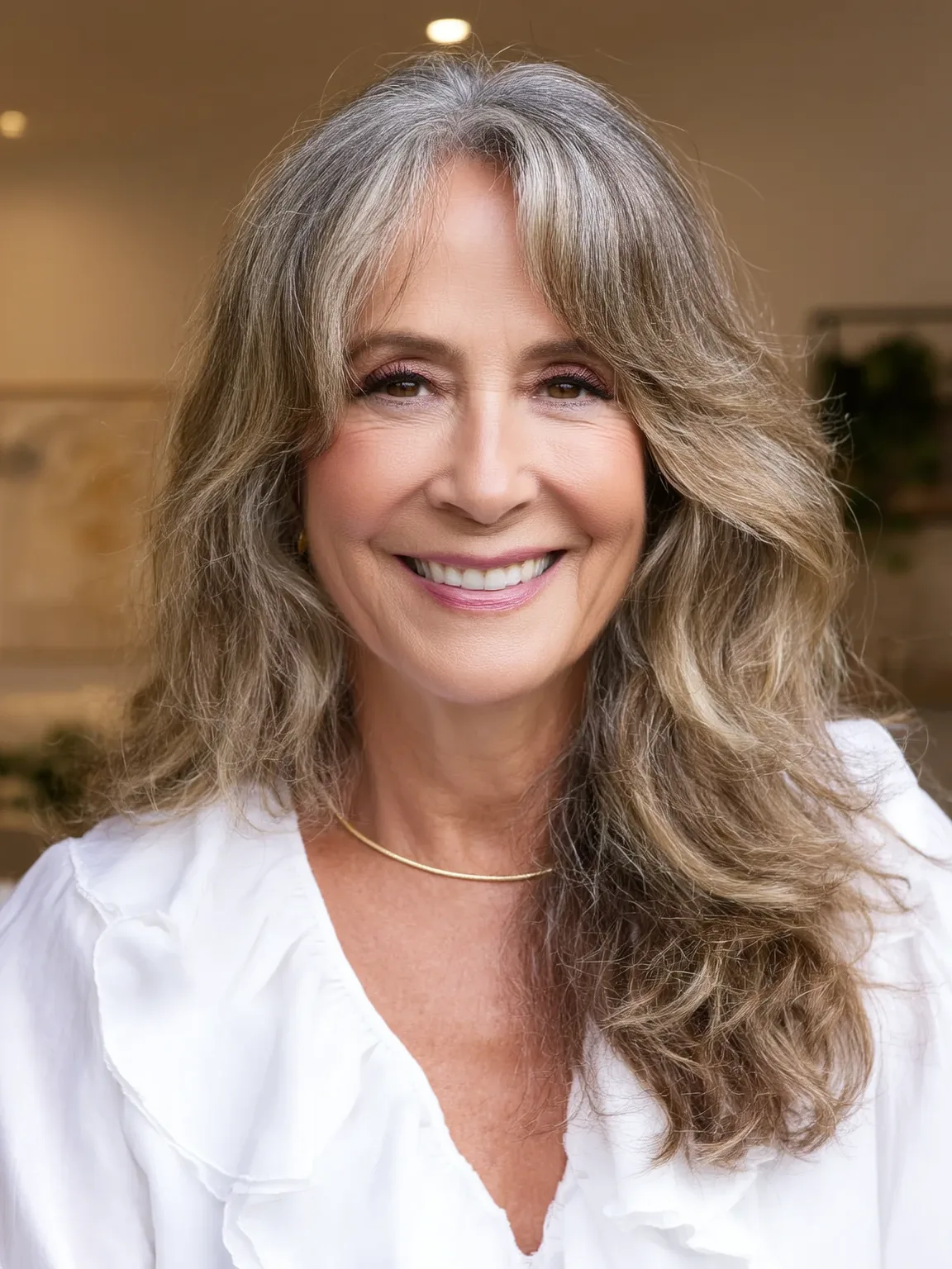 Voluminous Long Silver Frost Layered Waves with Curtain Bangs